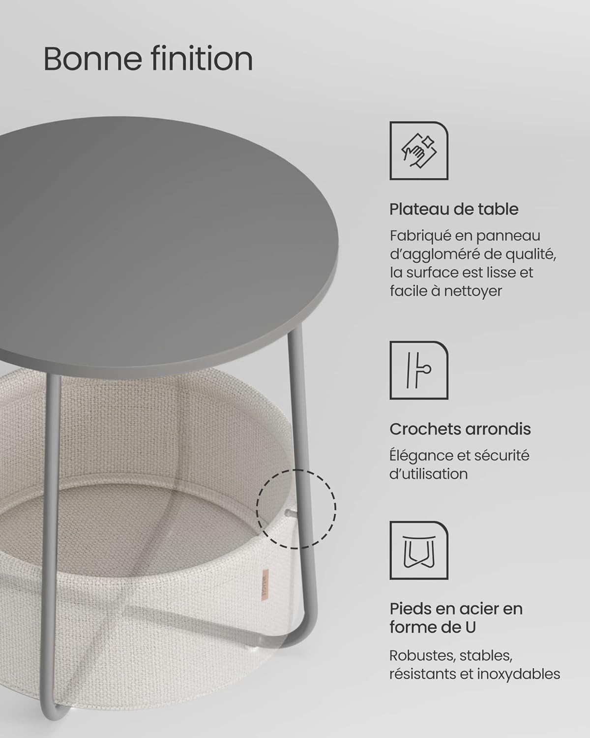 VASAGLE - Table basse ronde, avec panier tissu, gris/blanc, LET223G49