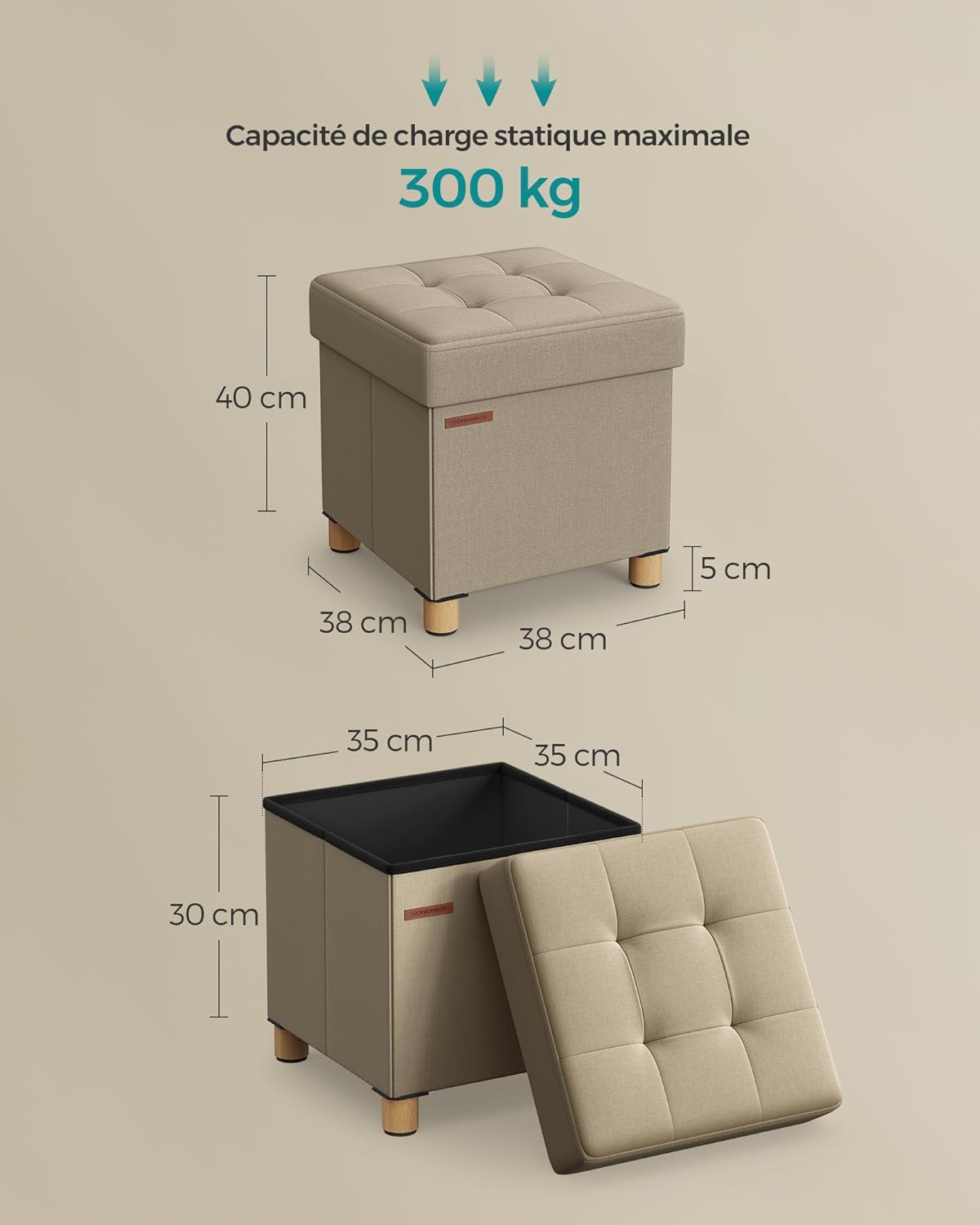 SONGMICS - Tabouret pliable, 38x38x40 cm, repose-pieds, rangement, 300kg - LSF014K11