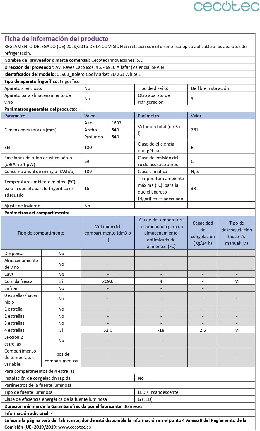 Cecotec - Bolero CoolMarket 2D 261 - 54x59,2x142,8 cm - 261 L, porte réversible, classe E