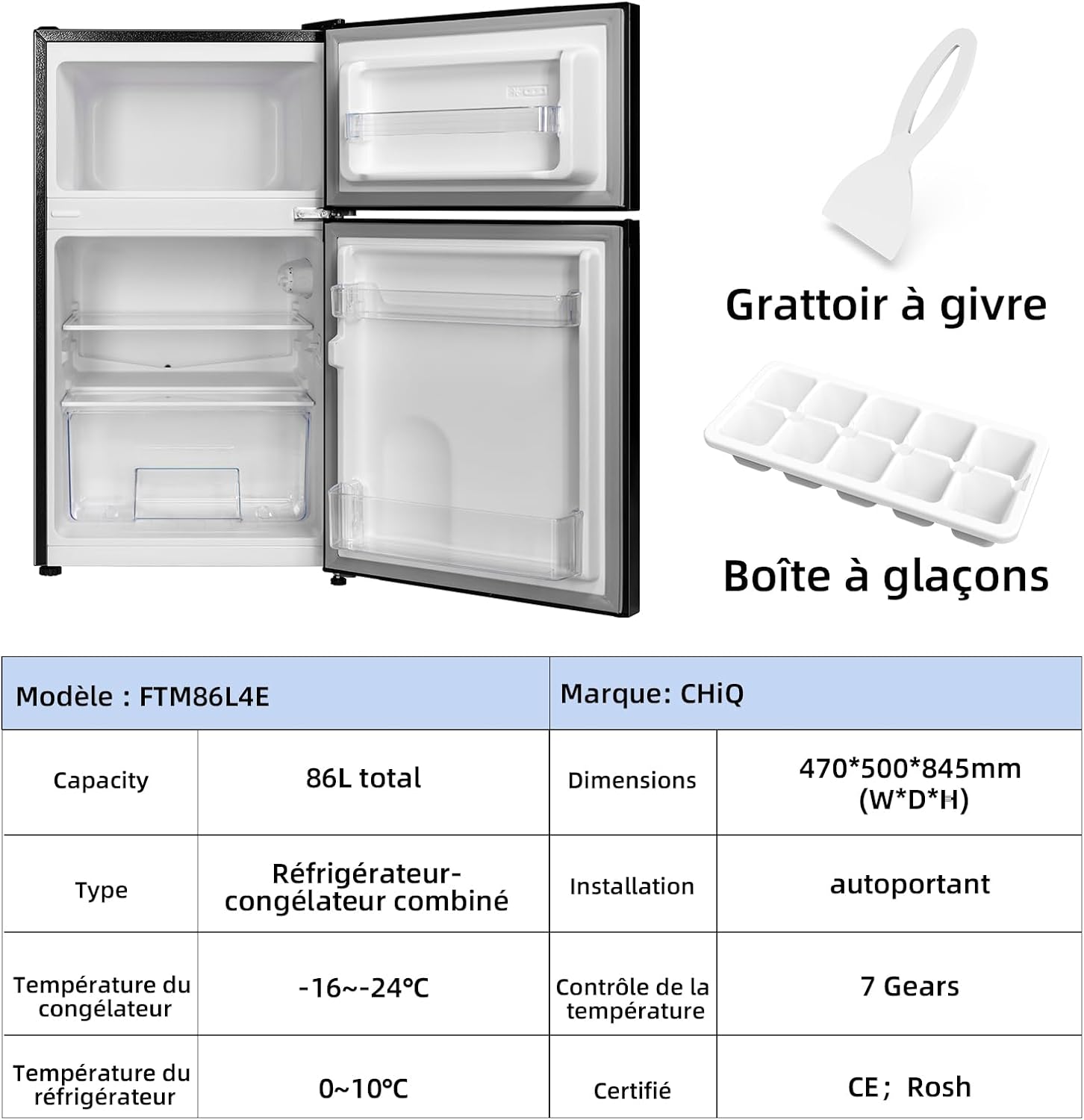 CHIQ - Réfrigérateur congélateur haut, 86L, portes réversibles, congélateur 4*, 12 ans garantie compresseur, classe E