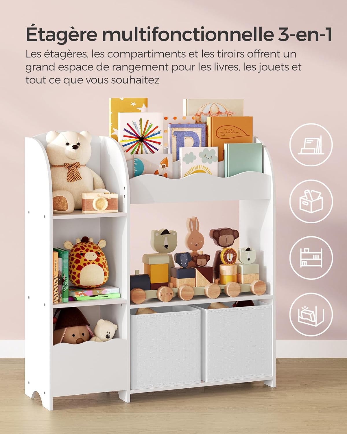 SONGMICS – Étagère enfants – 2 bacs, rangement jouets et livres, blanc nuage, GKR042W01