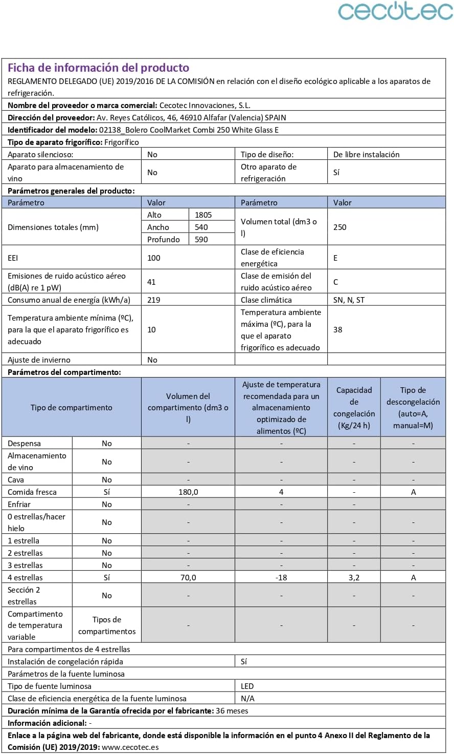 Cecotec - Bolero CoolMarket Combi 250 - 250L - No Frost, Multi Airflow, tiroir humidité, casier bouteilles, E