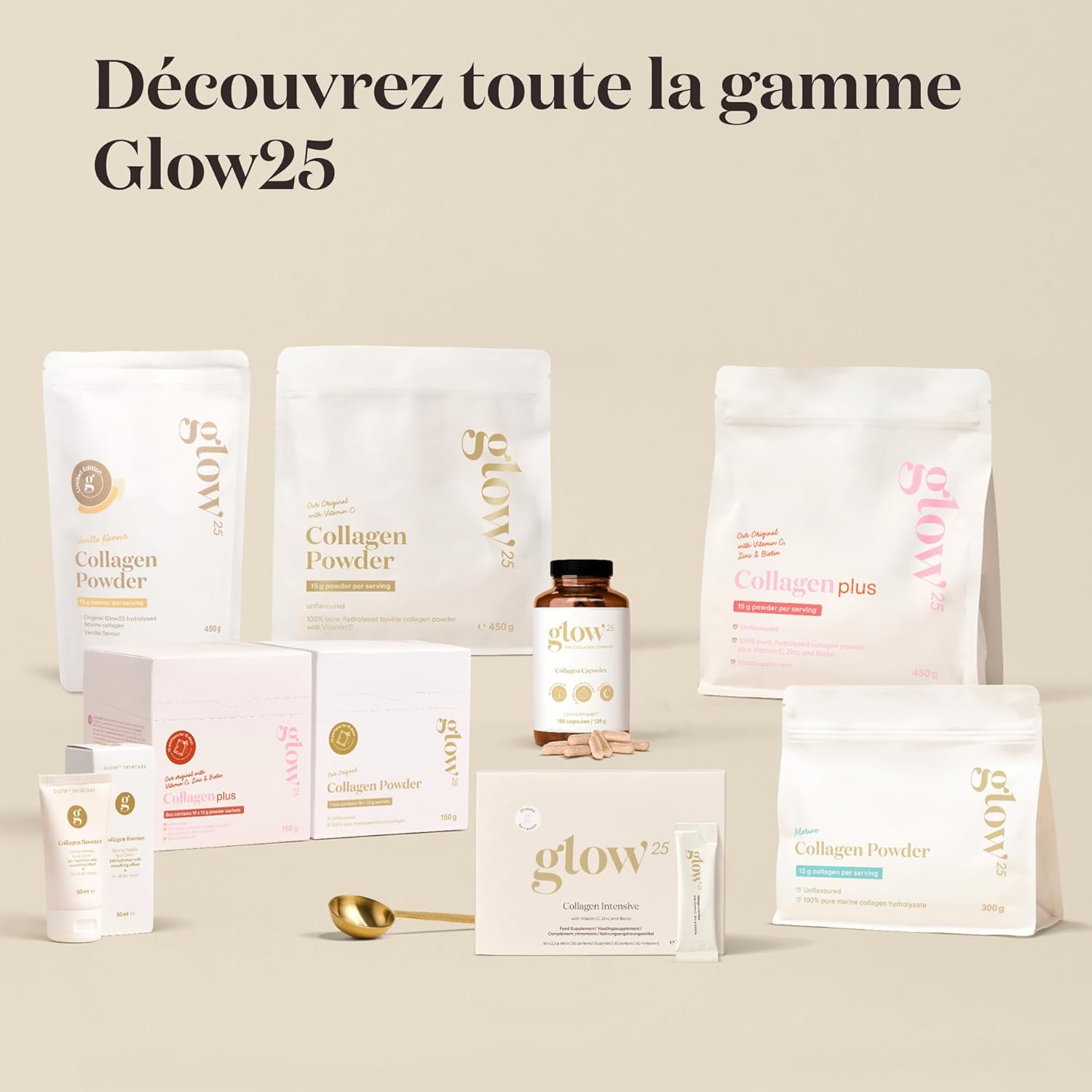 Glow25 - Collagène Plus 450g - peptides type 1 et 3, vitamine C, zinc