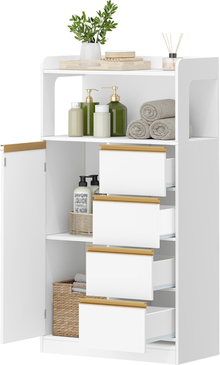 Meuble Salle de Bain - rangement placard 4 tiroirs, blanc, 30x60x110cm