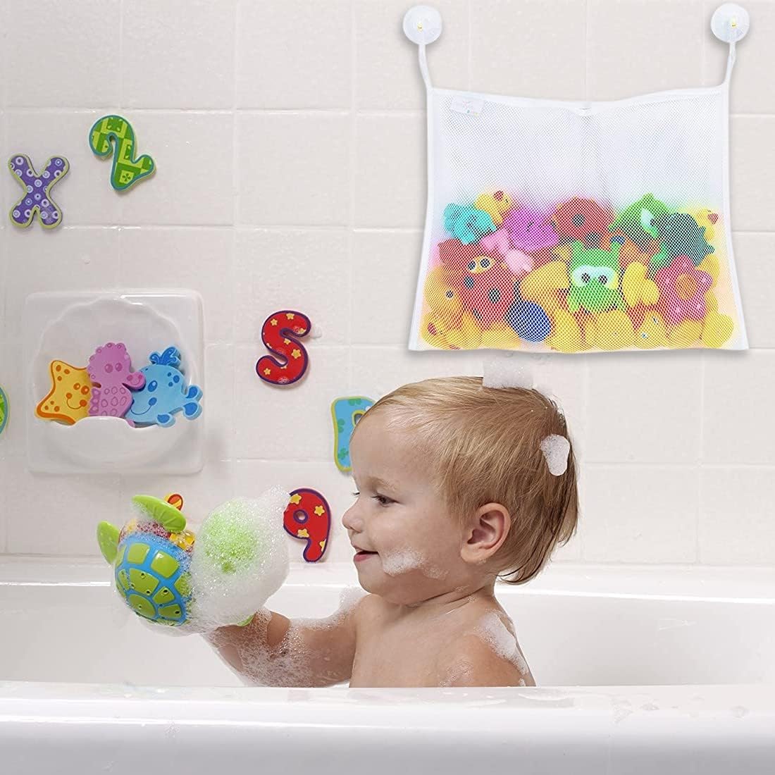 Filet de rangement jouets bain - animaux marins - 2 ventouses, poche lavable