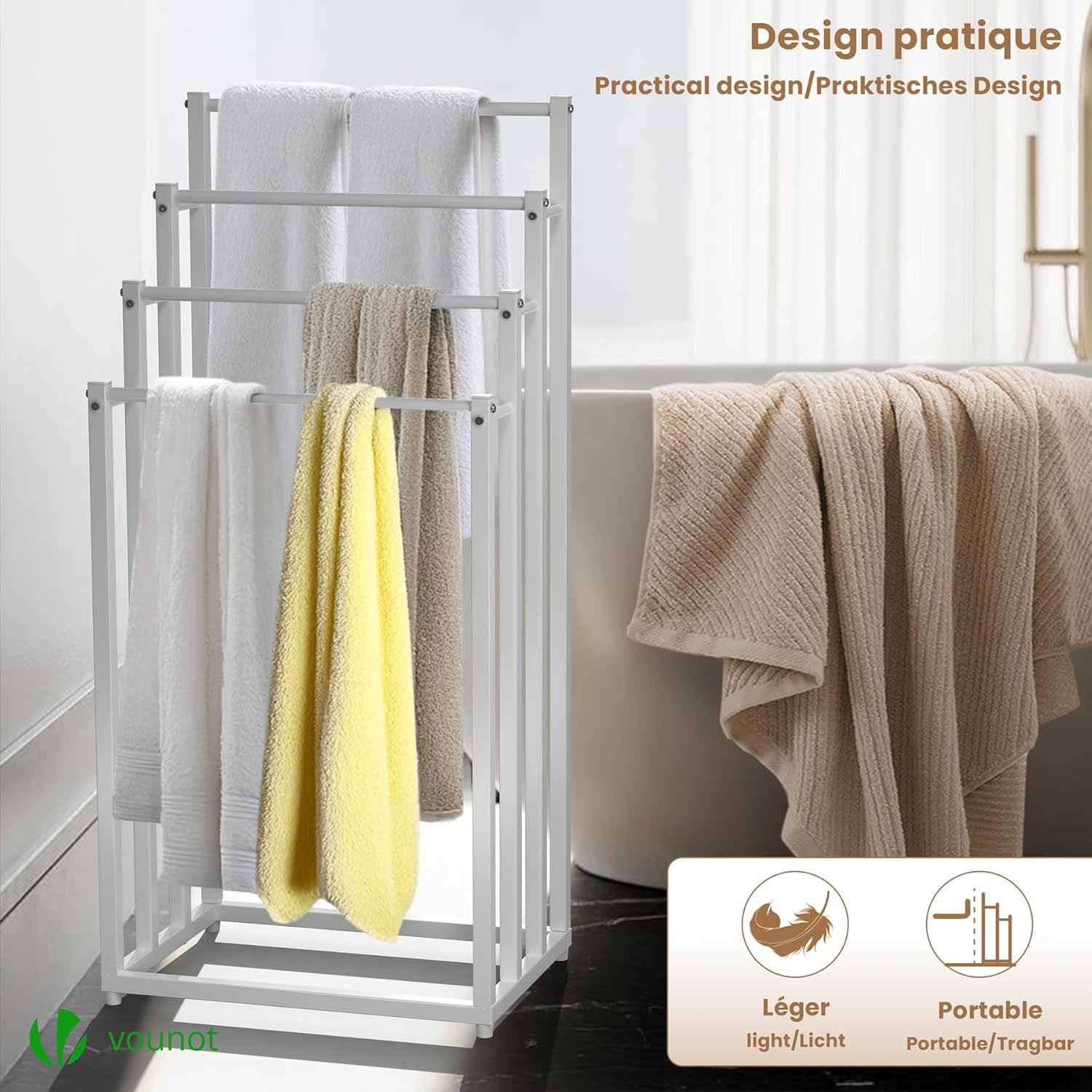 Vounot - porte-serviettes autoportant, 4 niveaux, métal blanc, rangement stable