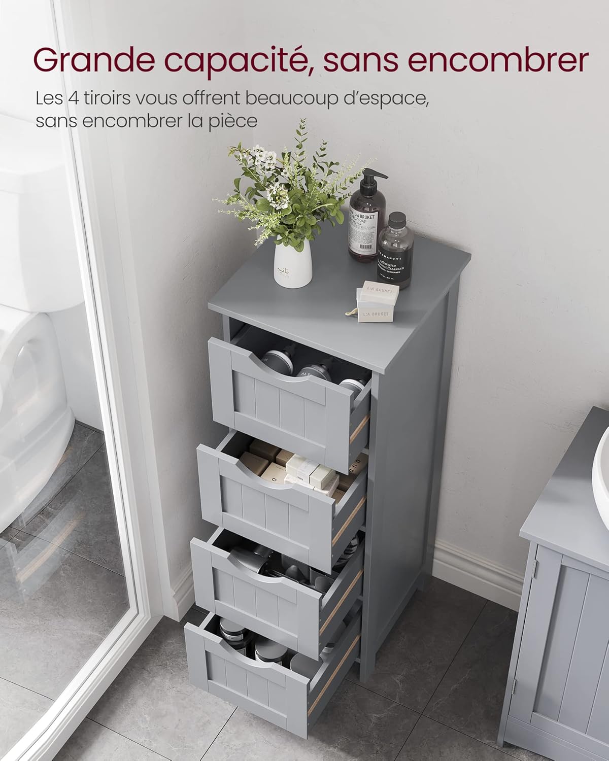 VASAGLE - armoire salle de bain, 4 tiroirs, 30x30x82 cm, gris moderne, LHC040P36