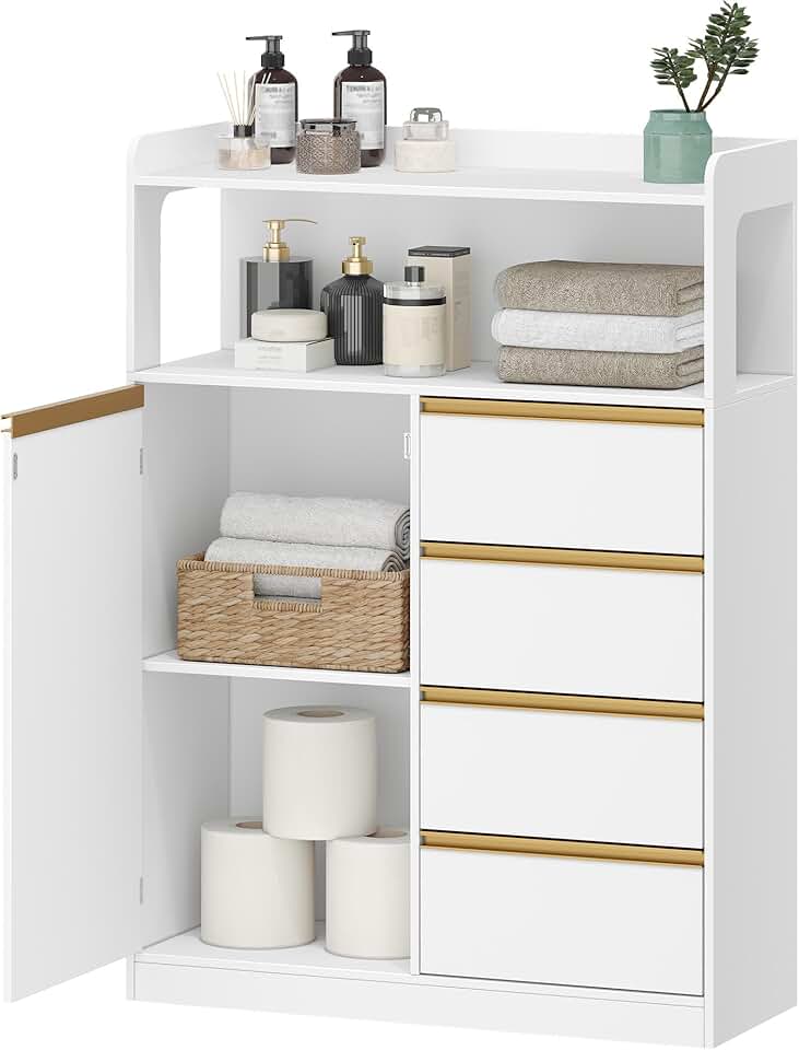 Meuble Salle de Bain - rangement 4 tiroirs, étagères réglables - 30x80x110 cm