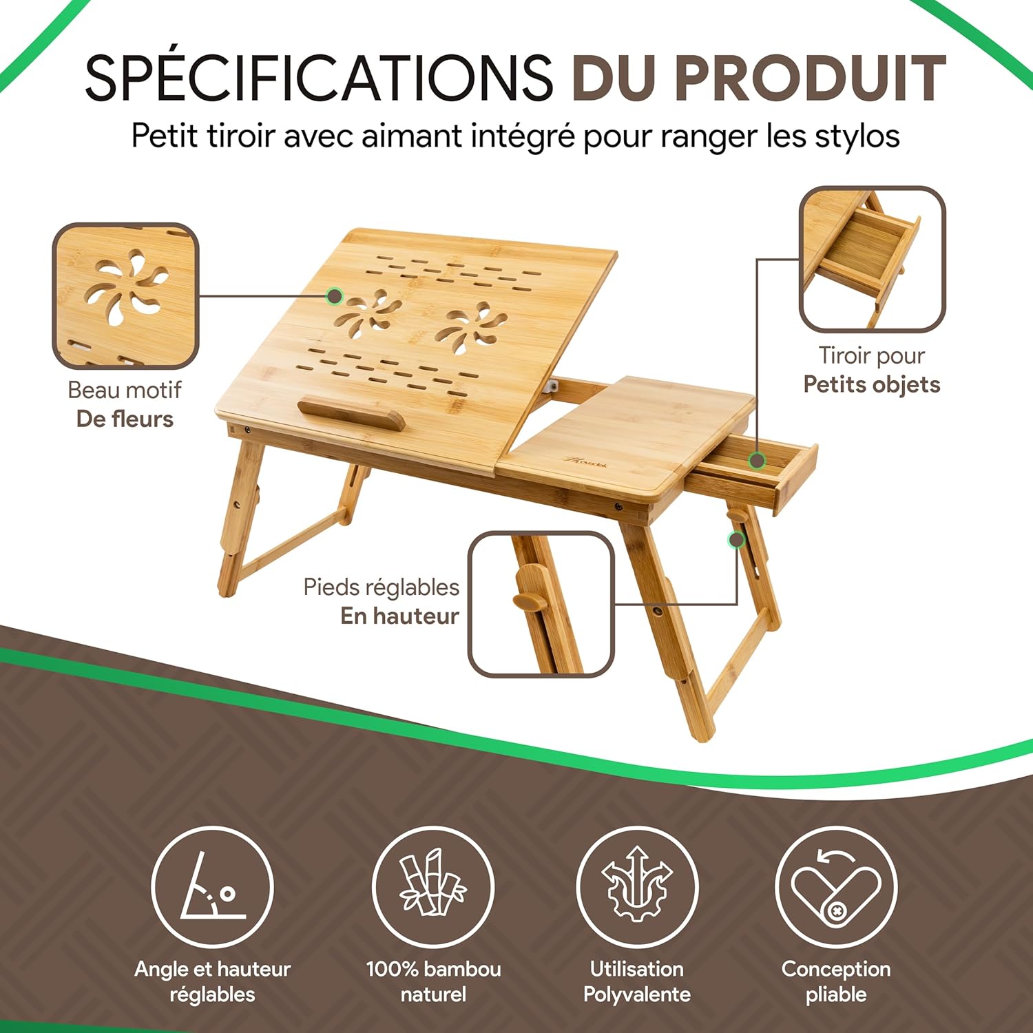 Table de lit en bambou – réglable, avec tiroir, tapis souris, 60x34cm, organisateur câbles