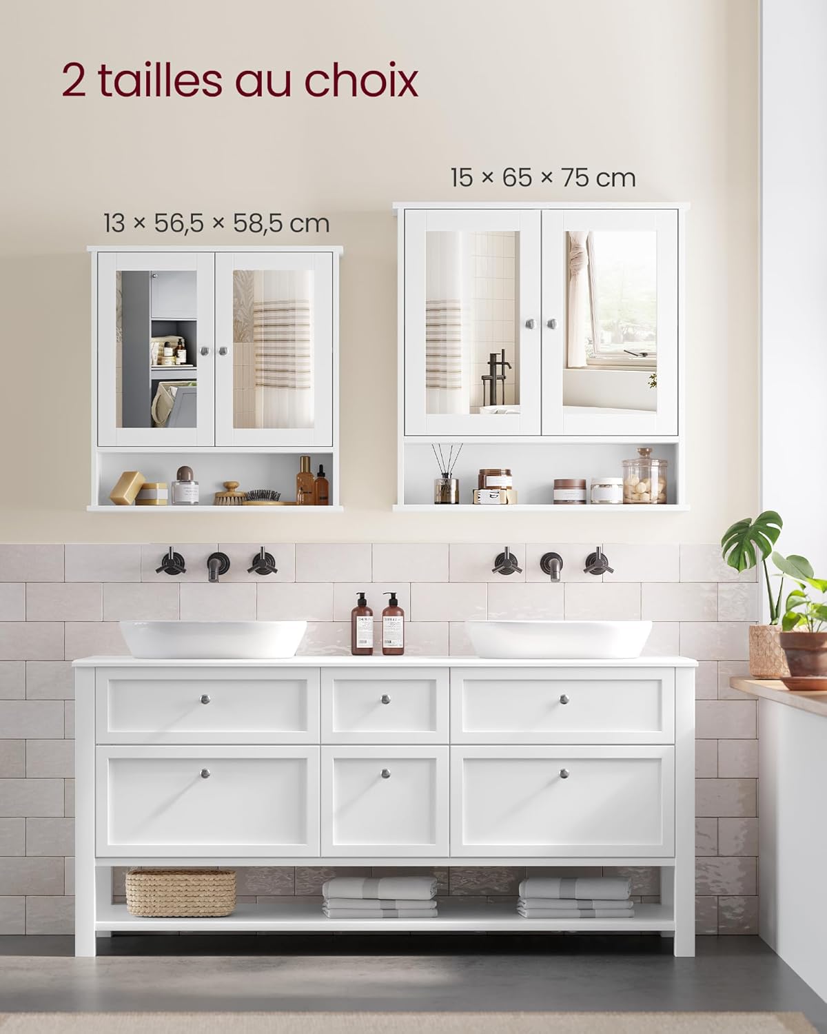 VASAGLE - armoire murale salle de bain - 15x65x75 cm - 2 portes miroir, étagère réglable LHC012W01