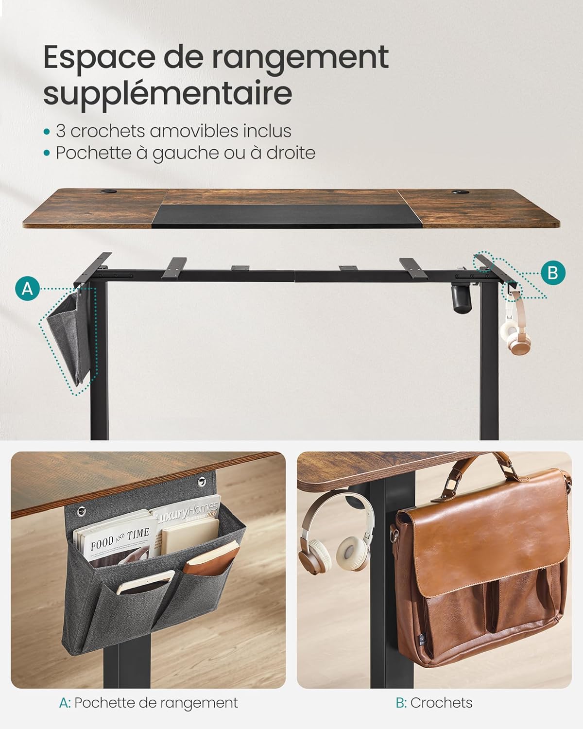 SONGMICS - bureau électrique réglable - 140x60 cm - mémoire 4 hauteurs, marron rustique/noir - LSD016X01