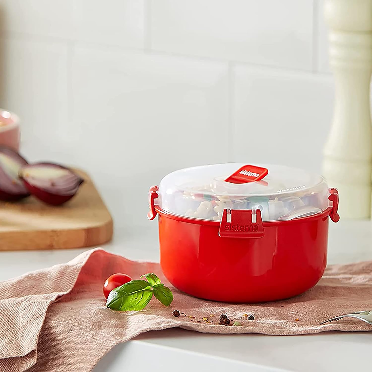 Sistema - Micro-ondes Bol rond - 915ml - Sans BPA, Rouge/Transparent