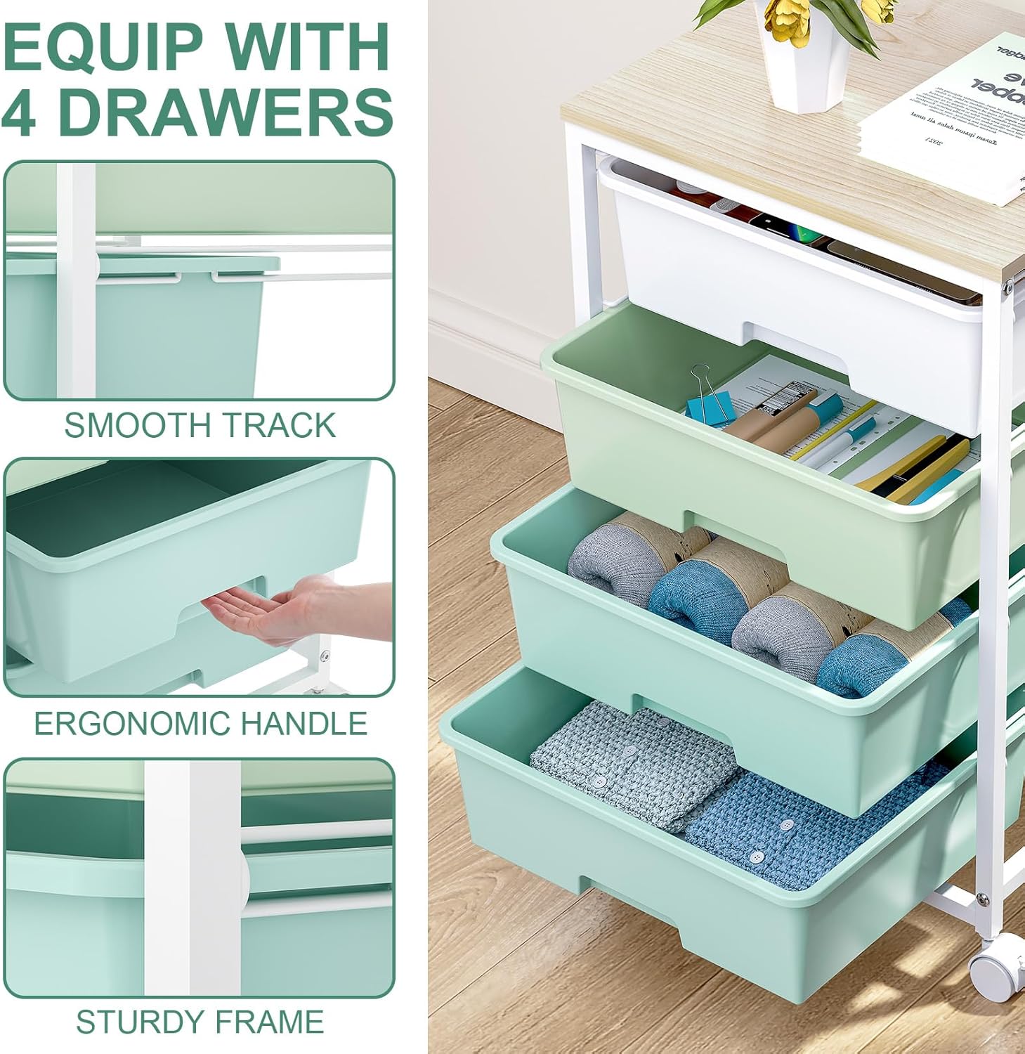 Chariot de Rangement - 4 tiroirs sur roulettes, plateau bois, grande capacité, vert - Idéal cuisine, salon, chambre