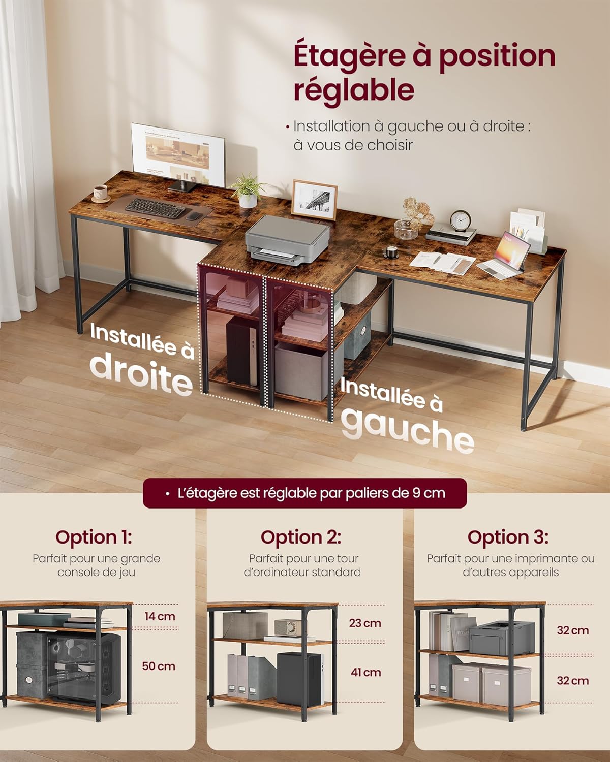 VASAGLE - Bureau en L - 110x80 cm - étagères ajustables, rangement, LWD135KD01