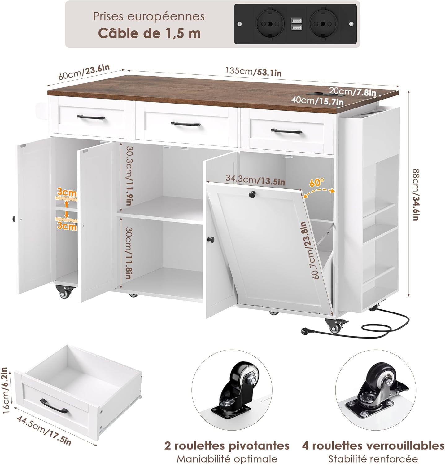 FirFurd - îlot cuisine rangement pliable, USB, blanc, 135x60x88cm
