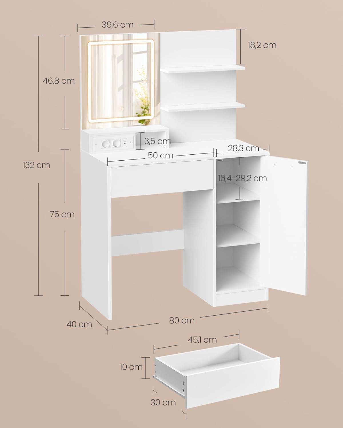 VASAGLE - Coiffeuse Kailyn, blanc, LED, multiprise, étagères, RDT138W01