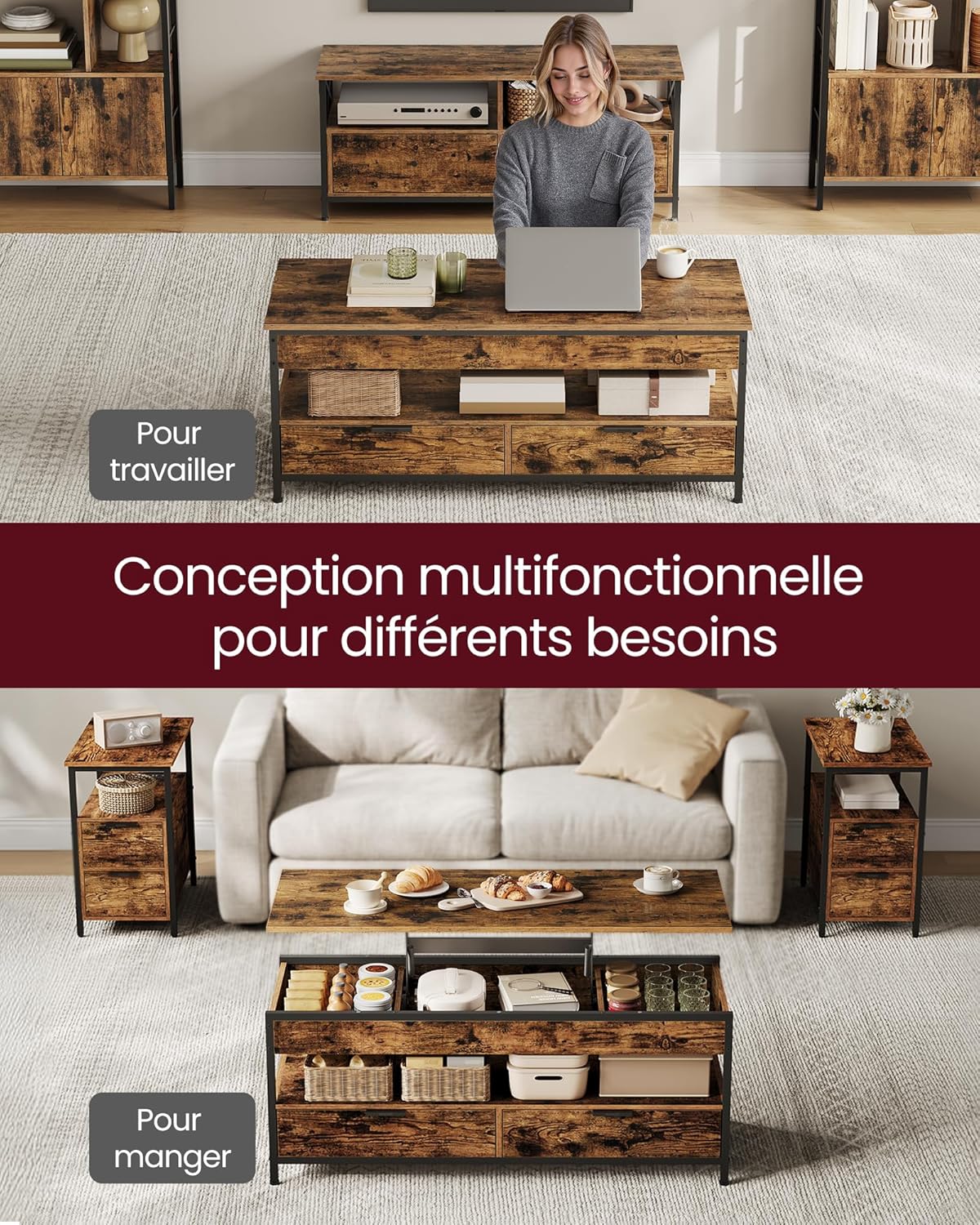 VASAGLE - table basse série LCT252K01 - 50x120cm - plateau relevable, tiroirs, compartiment caché