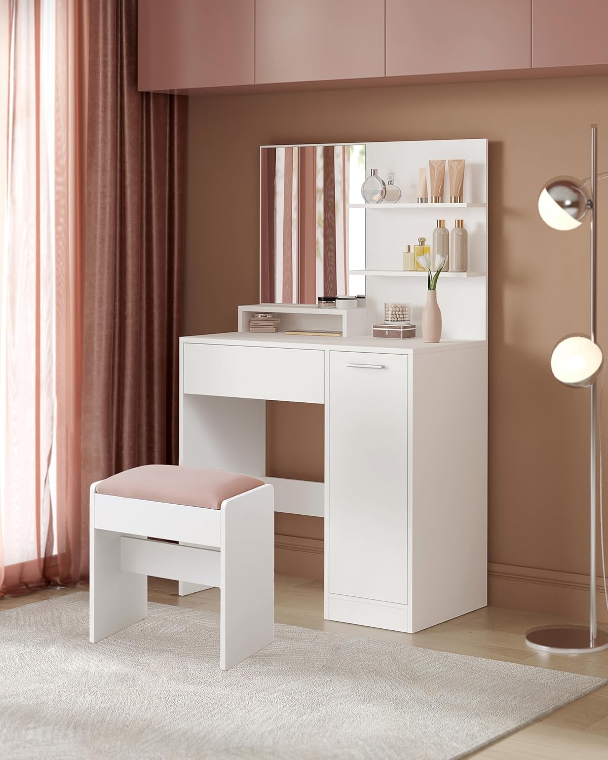 VASAGLE - Kailyn Collection coiffeuse, miroir, tabouret, étagères, blanc, RDT719W01
