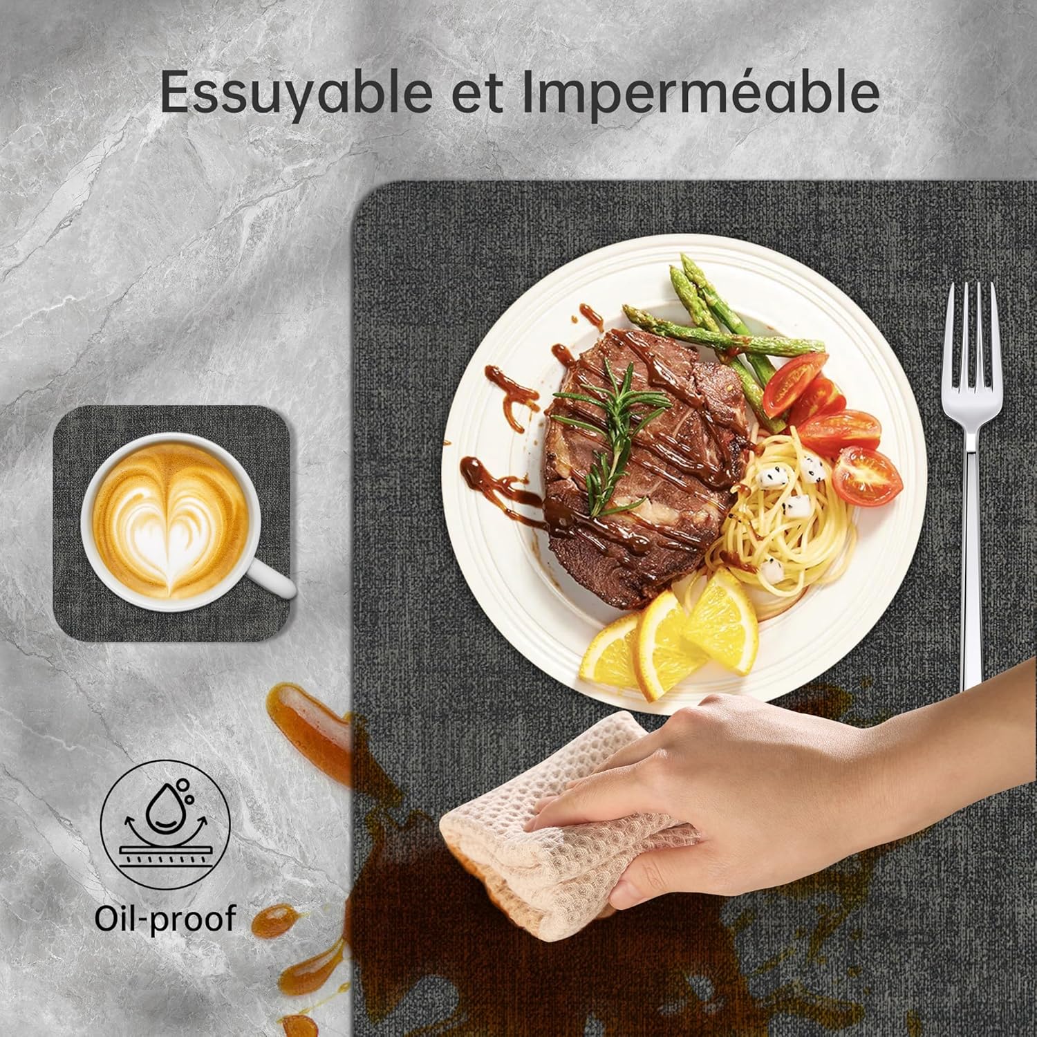 KitchenBoss - set de table double face - 43x30cm - lavable, lot de 6, beige/noir