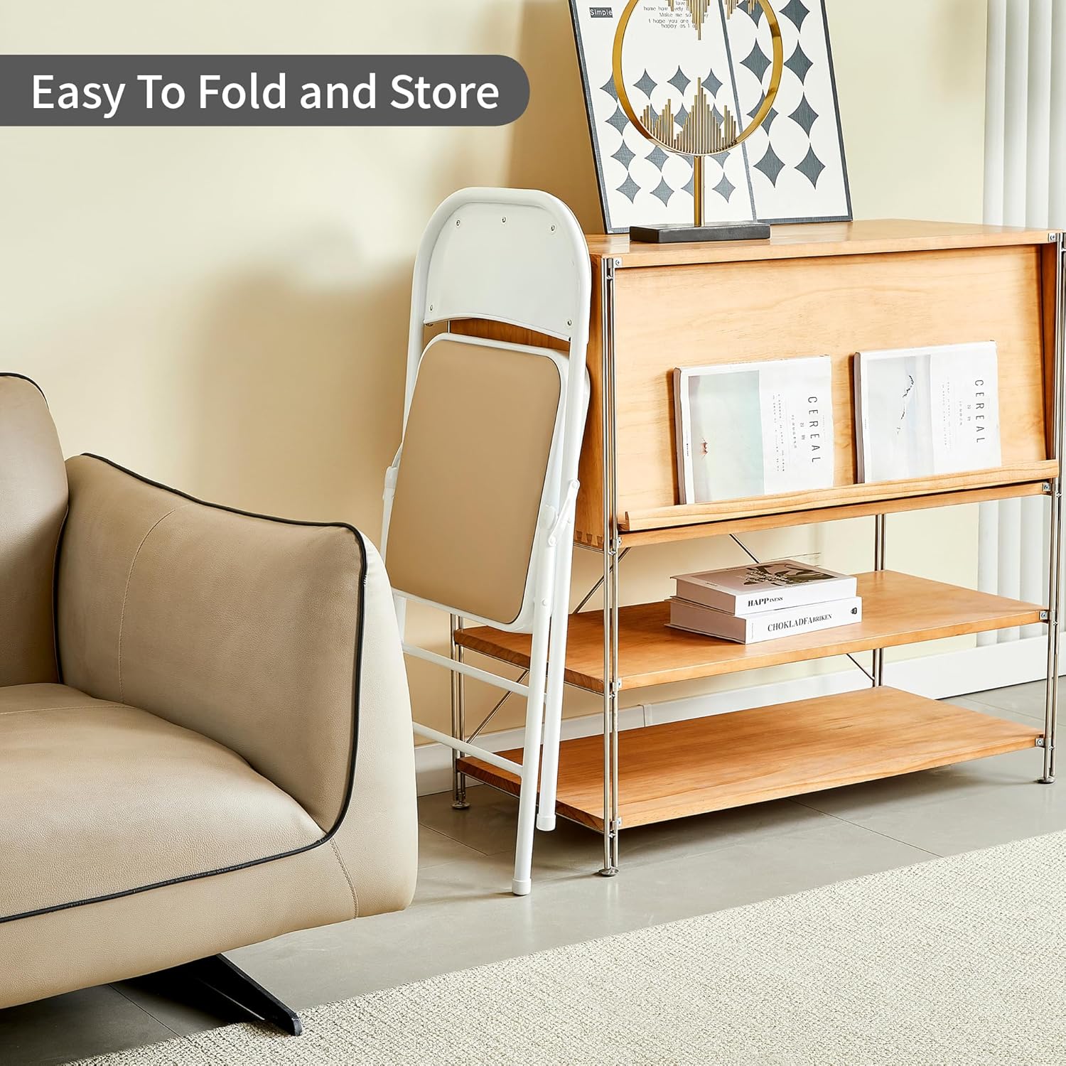 McC - chaises pliantes lot de 4 - cadre métal, similicuir, blancs, pliables, sièges rembourrés