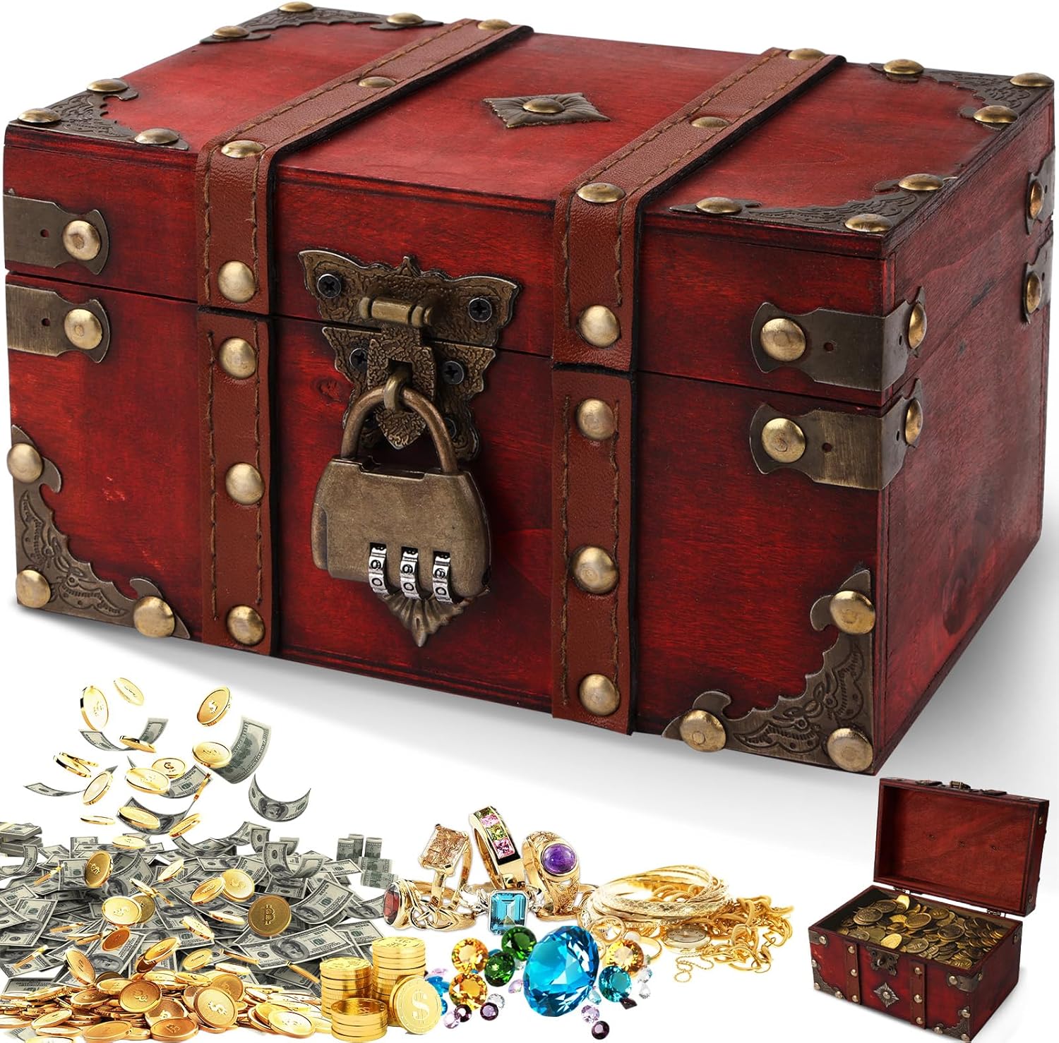 Coffre Trésor Vintage en Bois - boîte à cadenas pirate, couvercle, tirelire enfant, rouge - rangement bijoux, déco