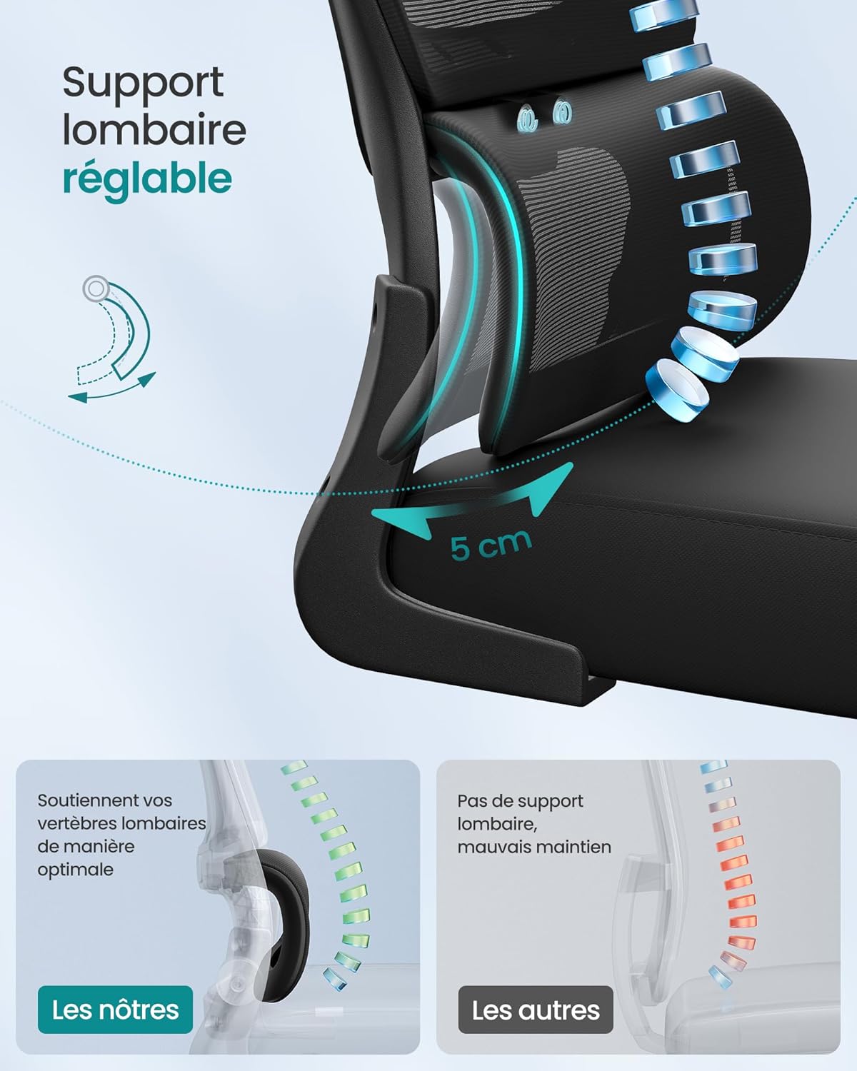 SONGMICS - chaise de bureau ergonomique, maille, appui-tête, OBN041B01