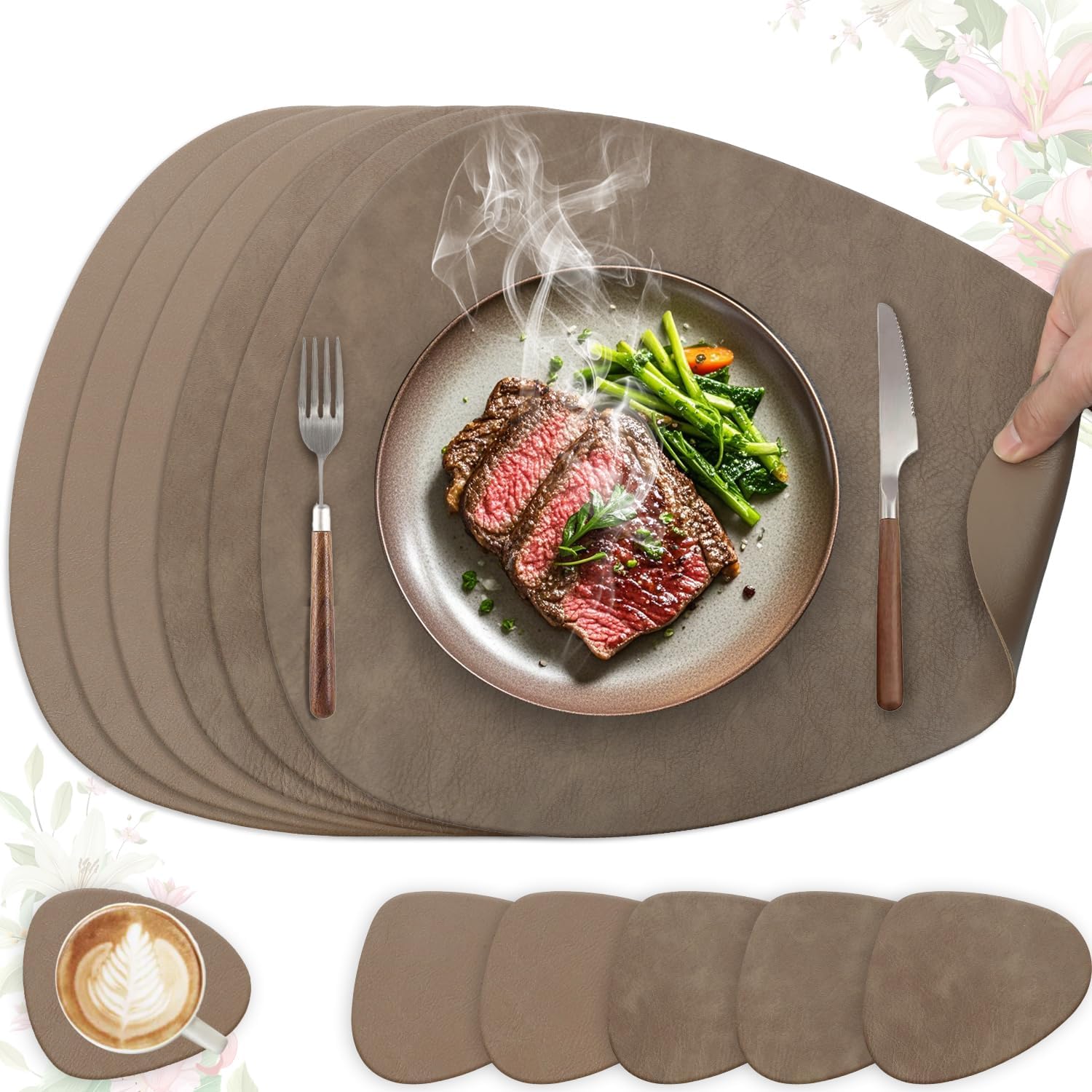 Set de table - cuir PU double face, lavable, antidérapant, 41x33cm, lot de 6