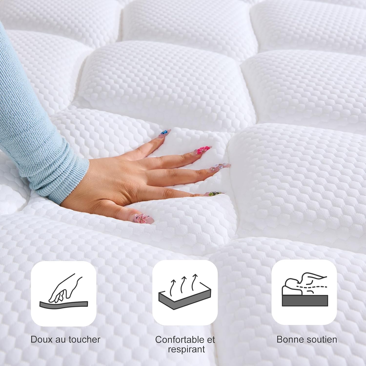 Matelas - Hybride mousse mémoire et ressorts - 140x190x22 cm - doux, durable, respirant