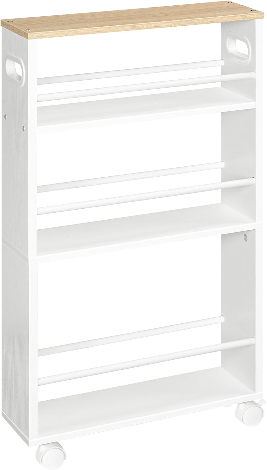 HOOBRO - desserte 4 niveaux, poignées, roulettes, blanc/bois, EWN15TC01