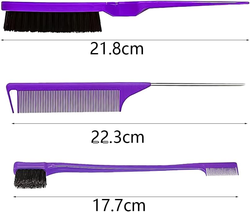 Peigne de cheveux - set 3 pièces - queue de rat, double tranchant, brosse violette