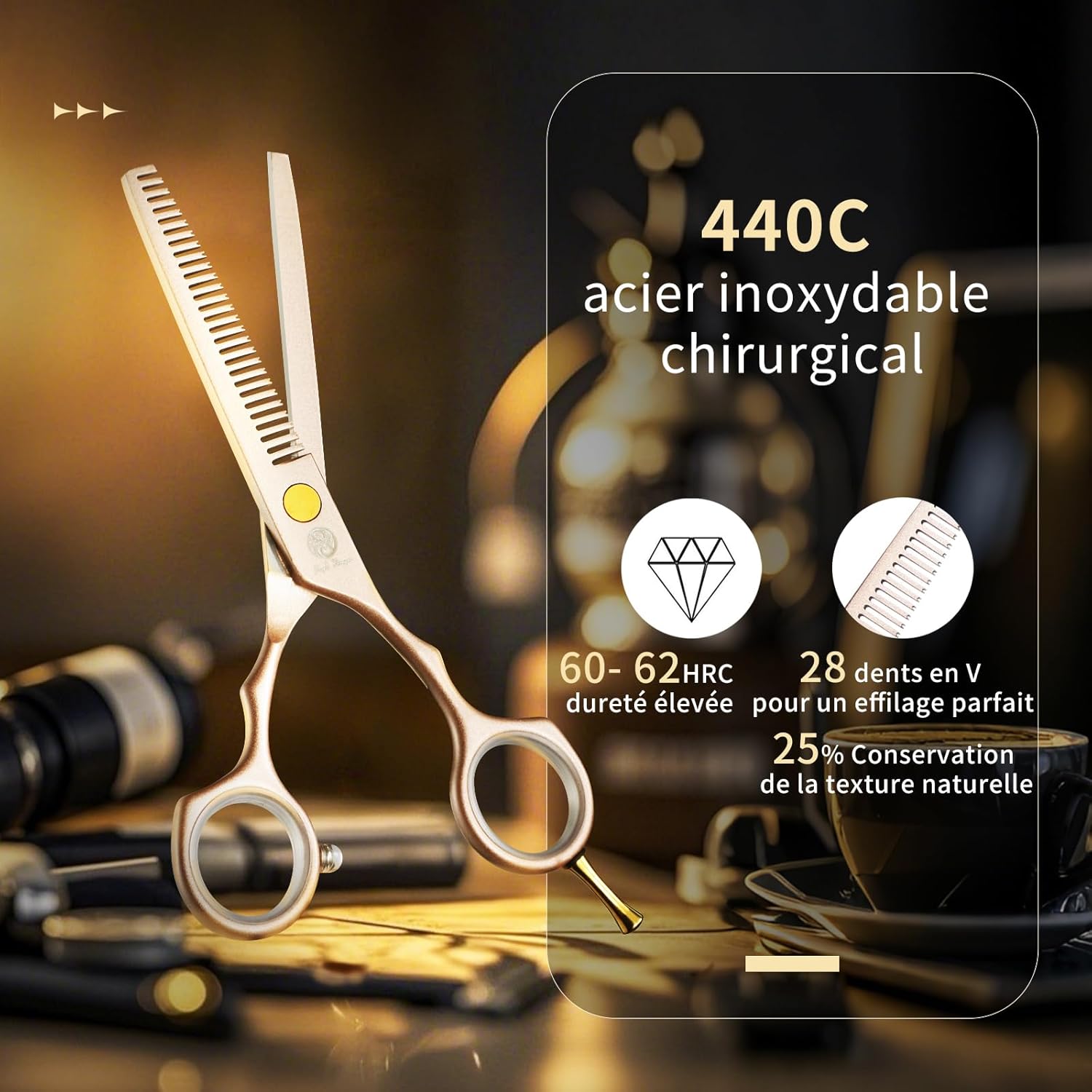 Kit de Ciseaux de Coiffure - 5,5 pouces - inox, peigne acier, or rose, pour cheveux, frange, barbe