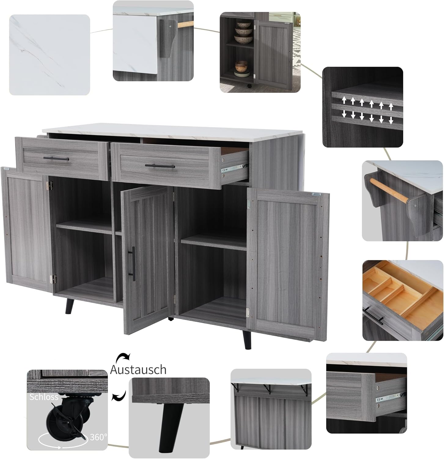 Desserte de Cuisine - plans rabattables, 2 tiroirs, 3 portes, 129x71x91,5 cm