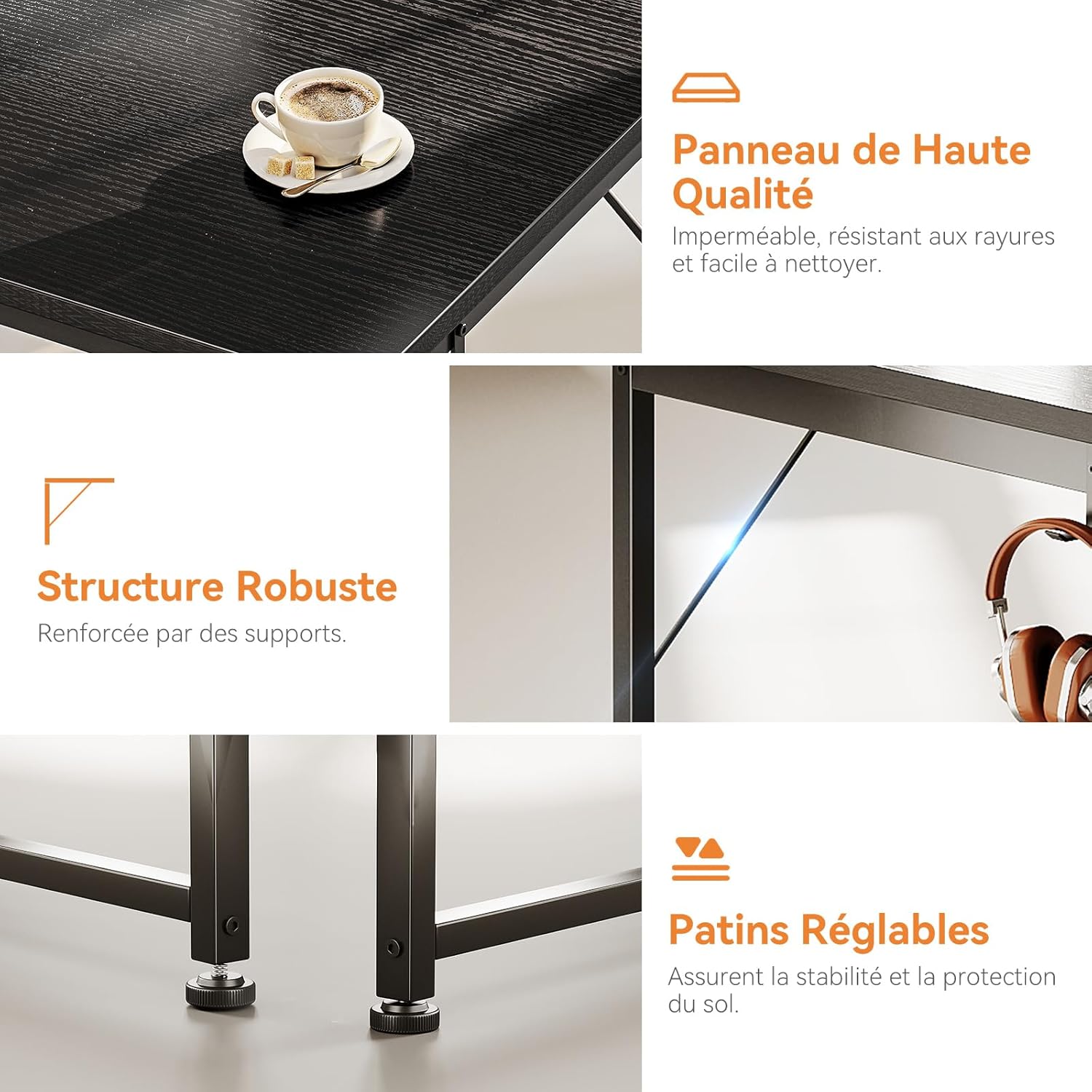 Coleshome - Bureau 120x48cm - 3 tiroirs tissu, porte-casque, réversible