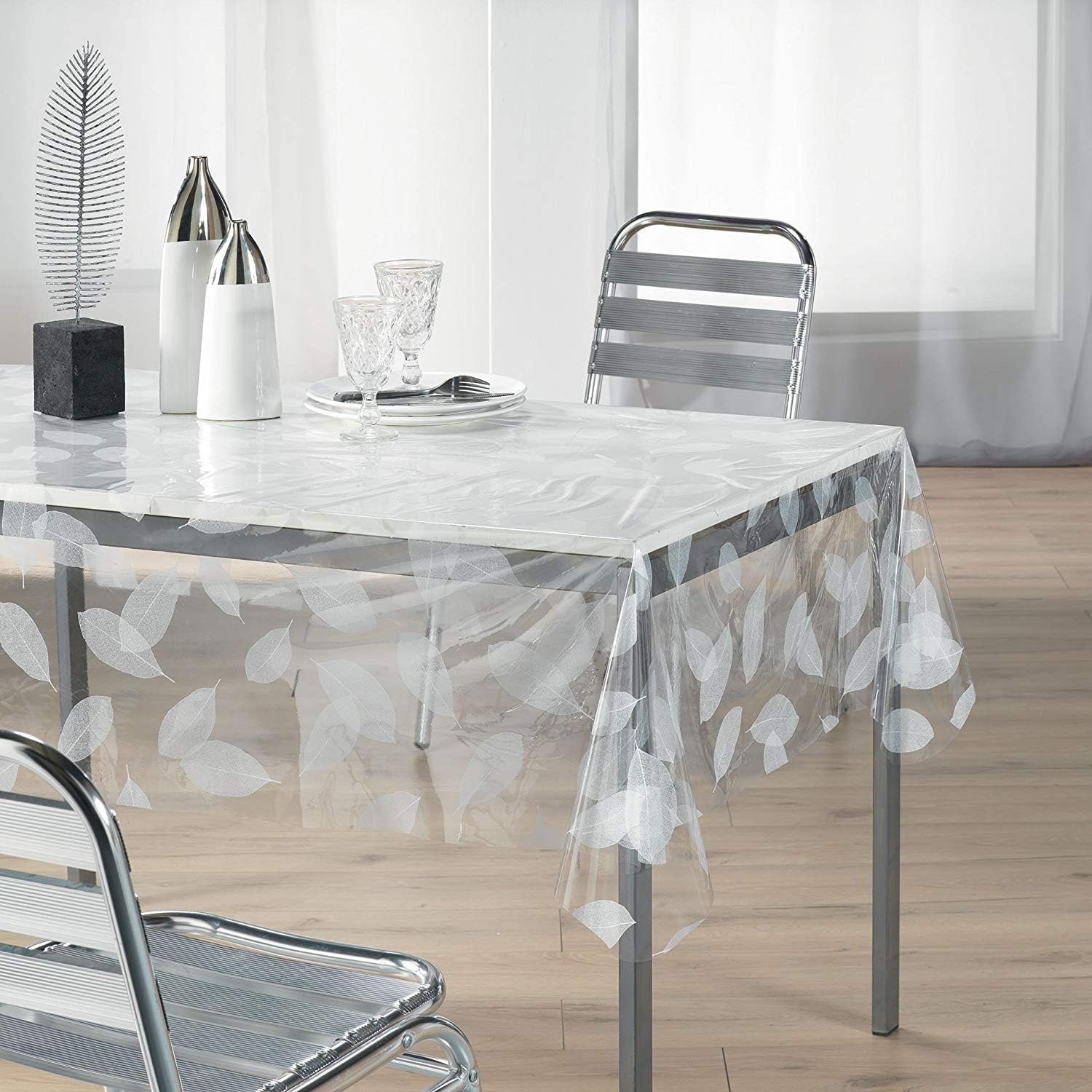 Décor - nappe cristal imprimée feuille - 140x240 cm - blanche 1710329