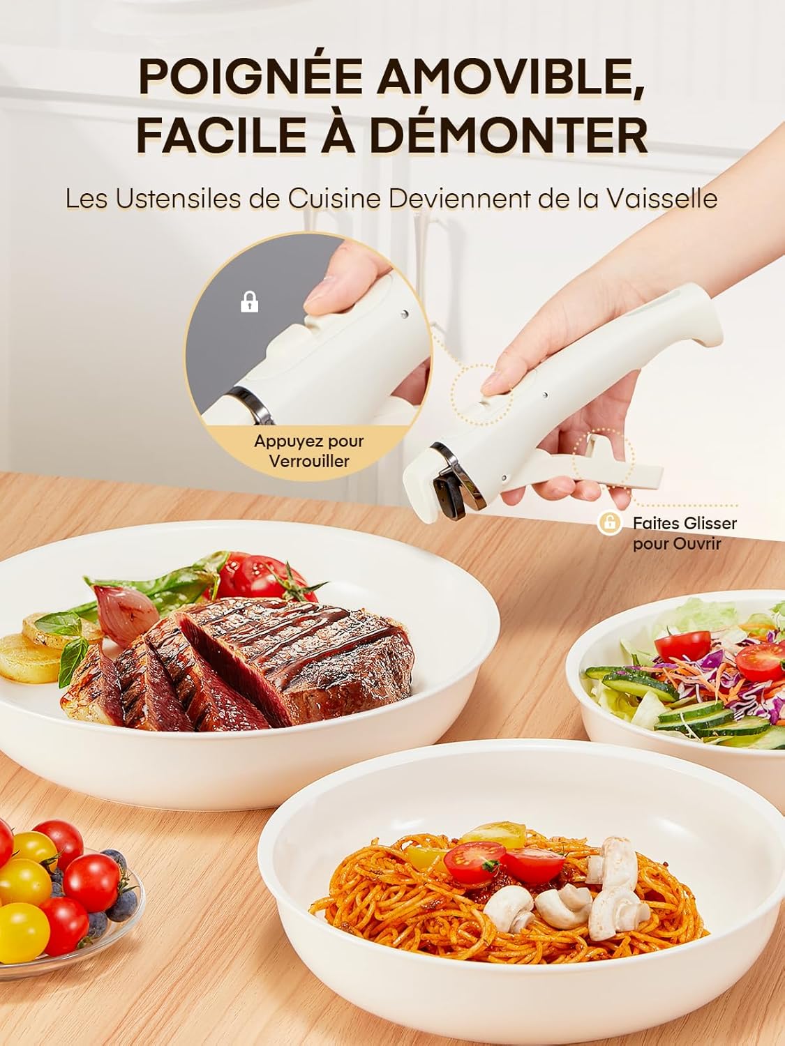 FOHERE - Lot de 3 poêles amovibles - 20/24/28cm - tous feux, four, lave-vaisselle