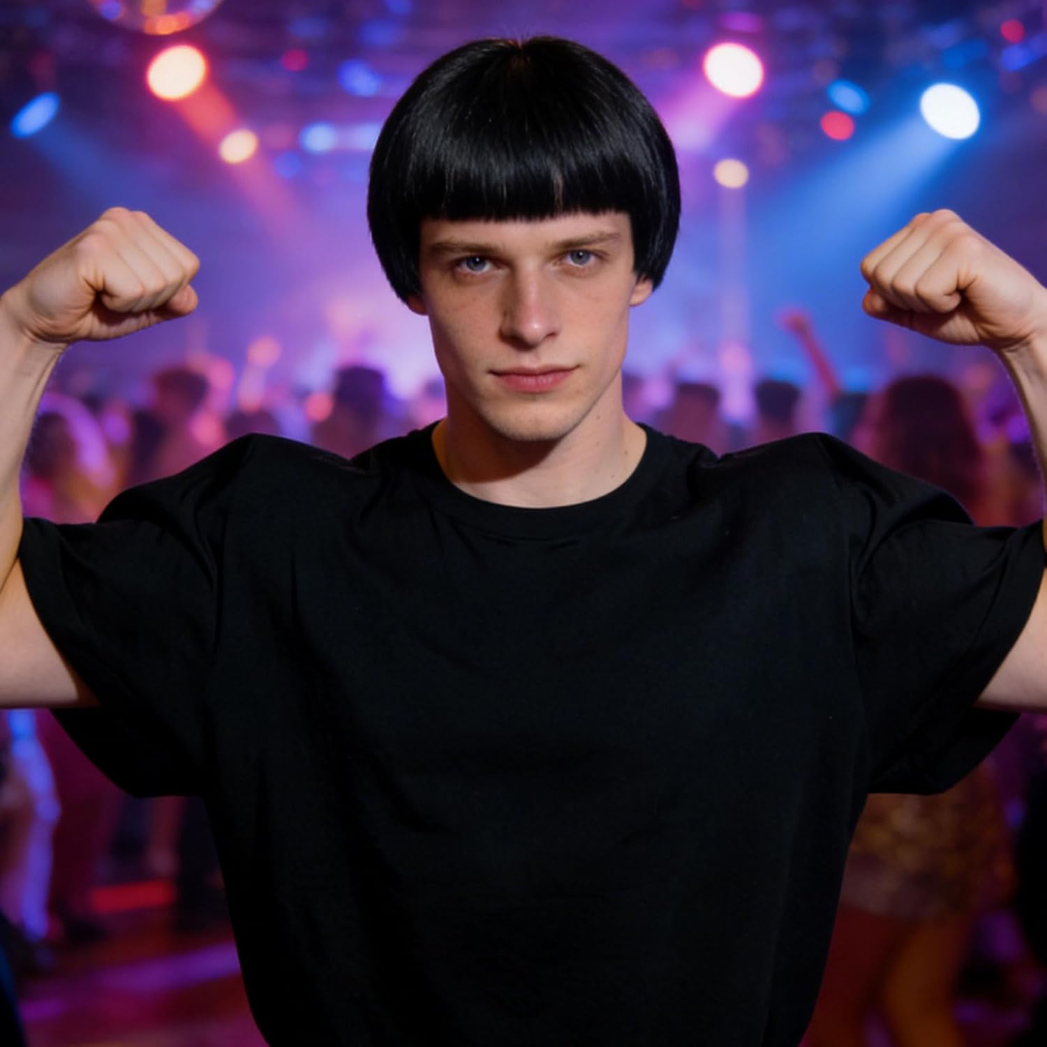 Perruque cosplay noire années 60, coupe boule avec frange, adulte