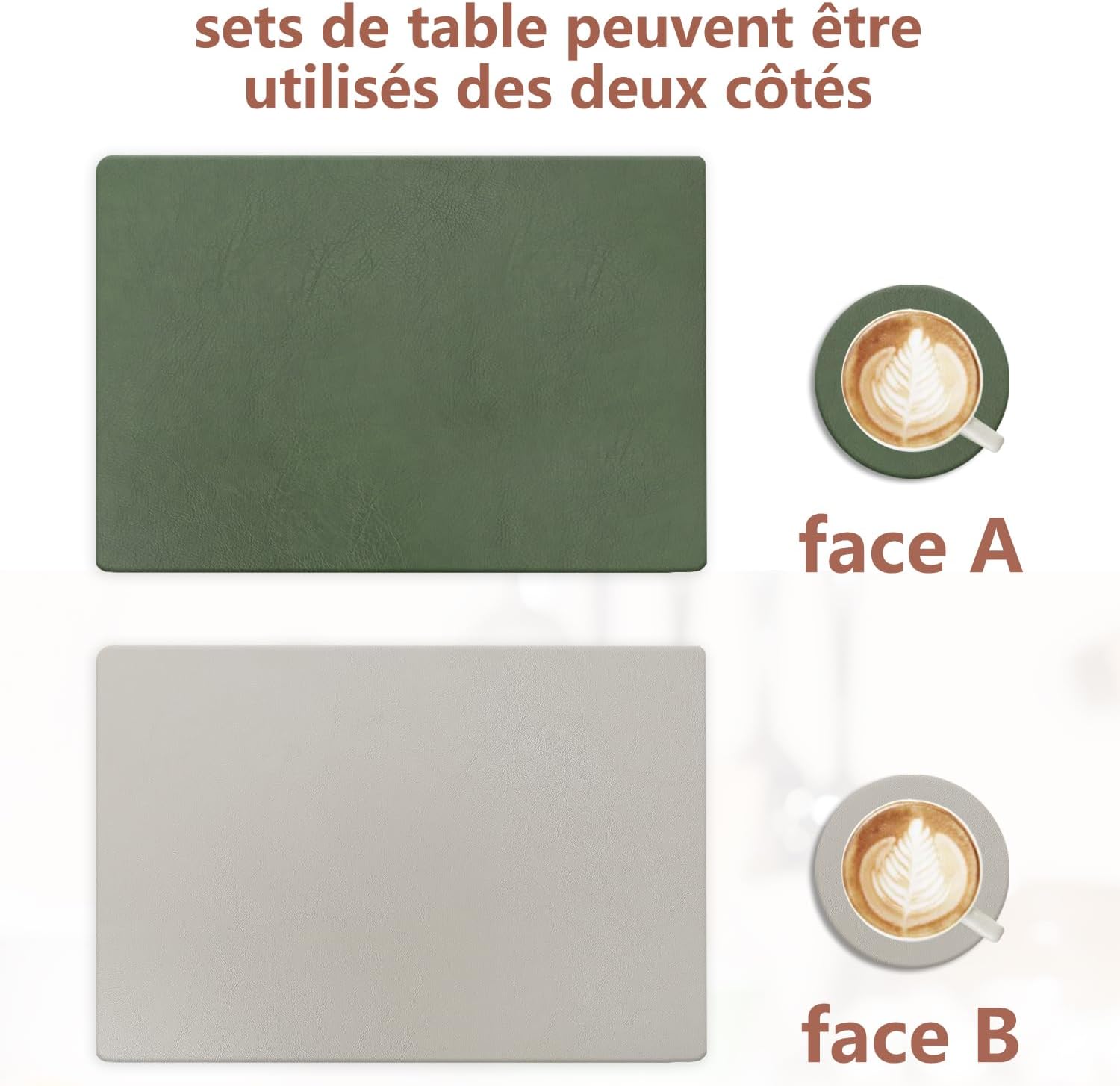 Set de table - Lot de 6, cuir PU double face, 43x30cm, lavables, antidérapants