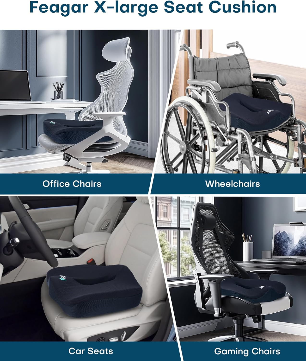 Feagar - Coussin chaise Extra Large - ergonomique, mousse mémoire, orthopédique, coccyx, siège voiture