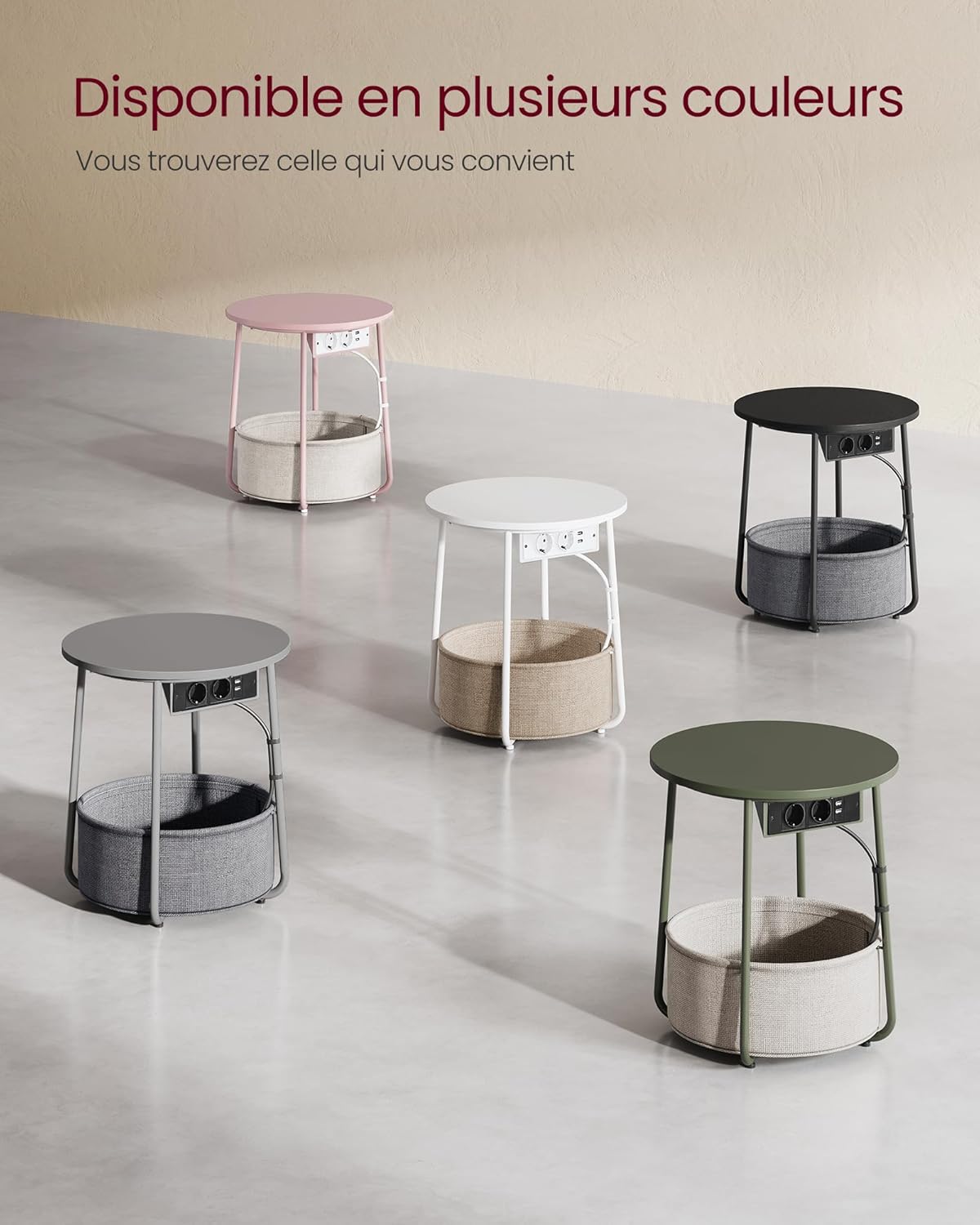 VASAGLE - Petite table basse ronde, panier tissu, multiprise, 40x40cm, style moderne, LET228W02
