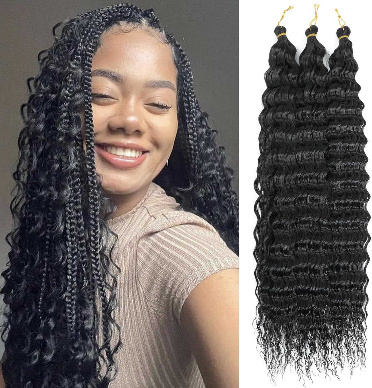 Extensions cheveux - Deep Twist Ocean Wave - 18 pouces - 3 paquets, boucles synthétiques, souples, couleur 1B