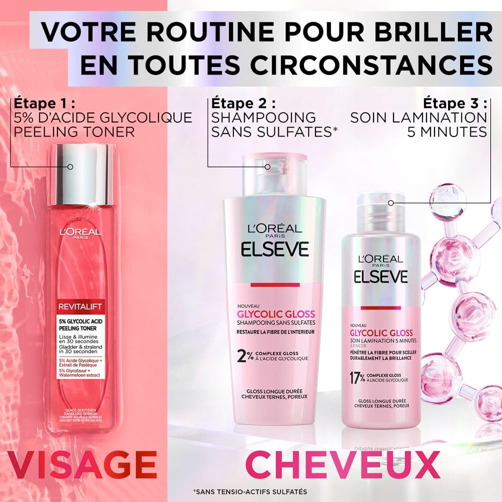 L'Oréal Paris - Elseve Glycolic Gloss - routine visage & cheveux - soins acide glycolique, lamination, exfoliant