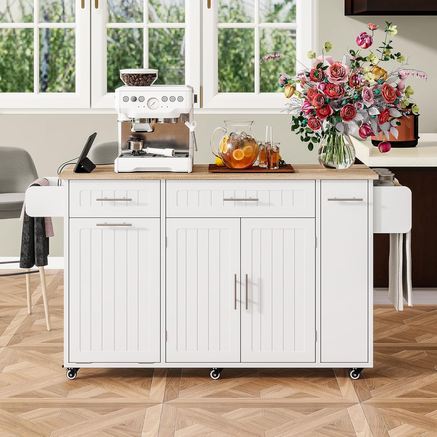 Desserte îlot cuisine - plan rabattable, USB, tiroirs, rangement, blanc