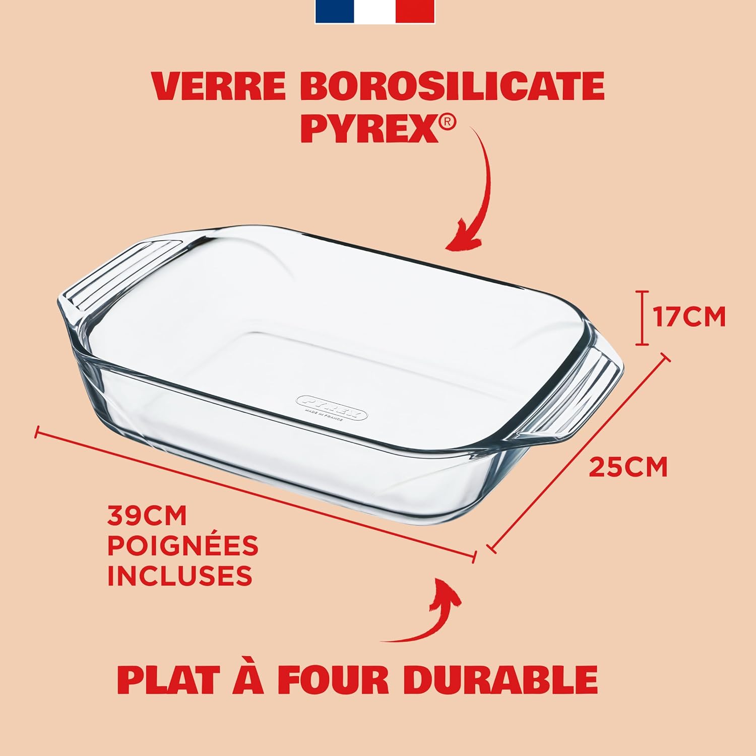 Pyrex - Plat à Four rectangulaire 39x25 cm - Verre borosilicate, ultra-résistant, poignées ergonomiques