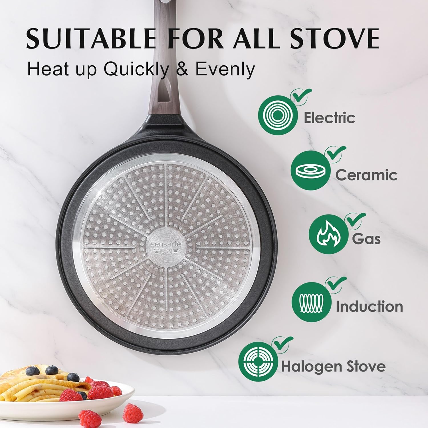 SENSARTE - Poêle à crêpes 26cm - antiadhésif granit, induction, poignée ergonomique