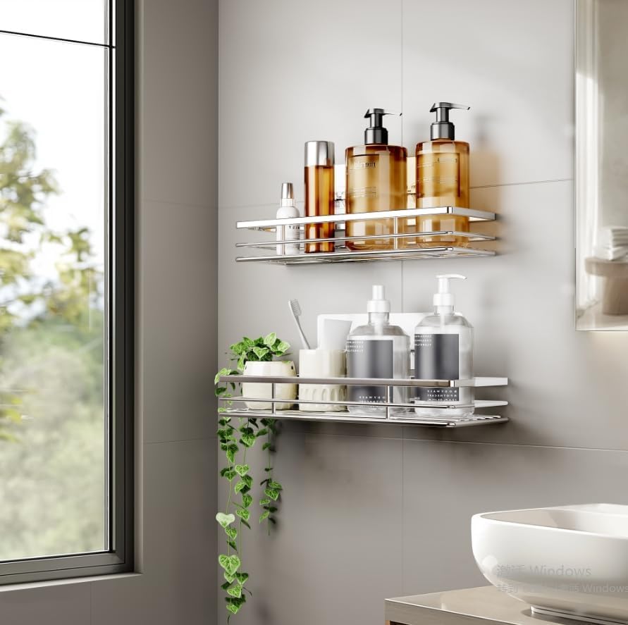 Étagère salle de bain - pack 2 - sans perçage, argenté, adhésif puissant