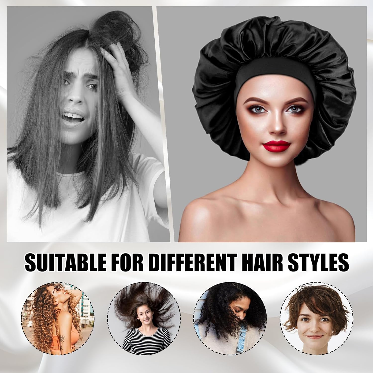 Bonnet satin nuit - élastique, soin cheveux, soie, taille adulte