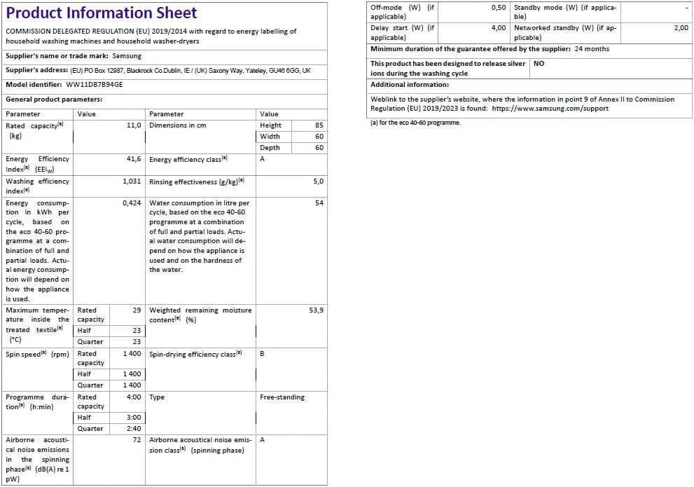 Samsung - Série WW - 11 kg, 1400 tr/min, blanc, WW11DB7B94GEU3