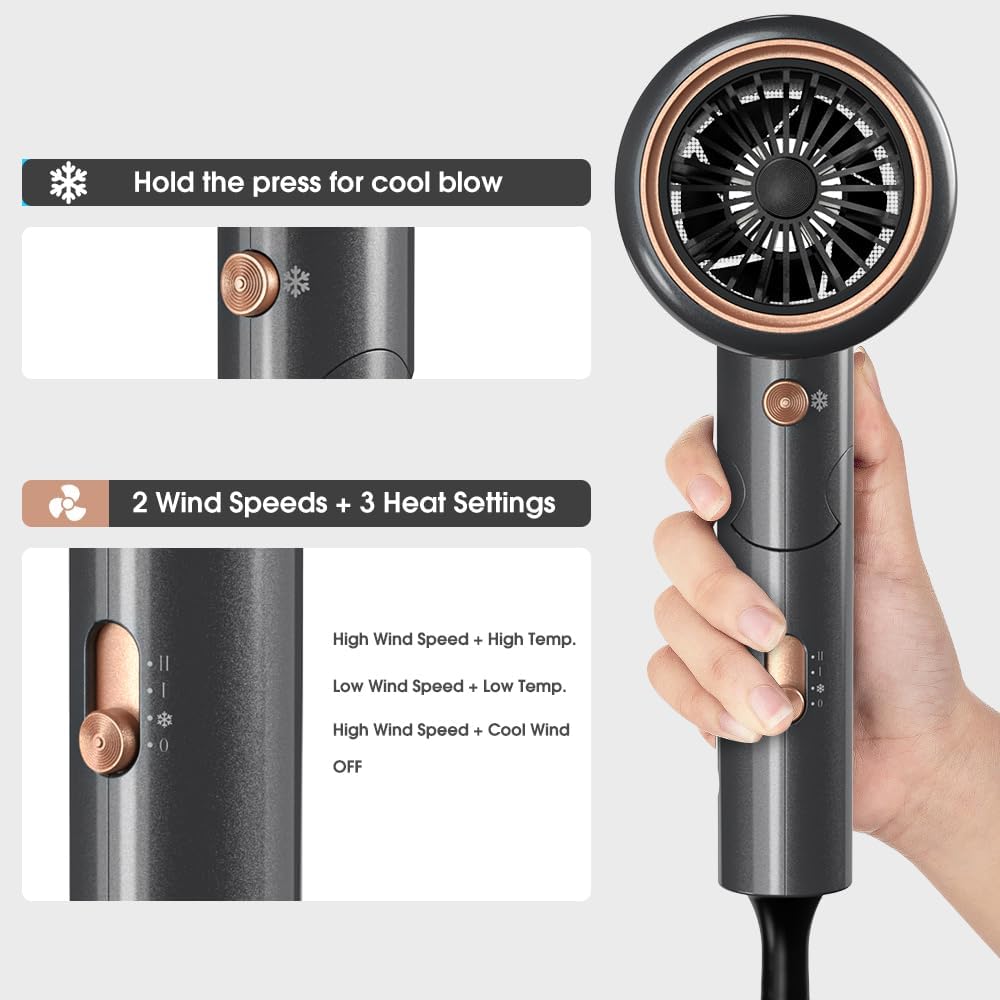 Sèche-cheveux ionique - 2400W compact - 3 vitesses, 3 températures, accessoires, sac de rangement