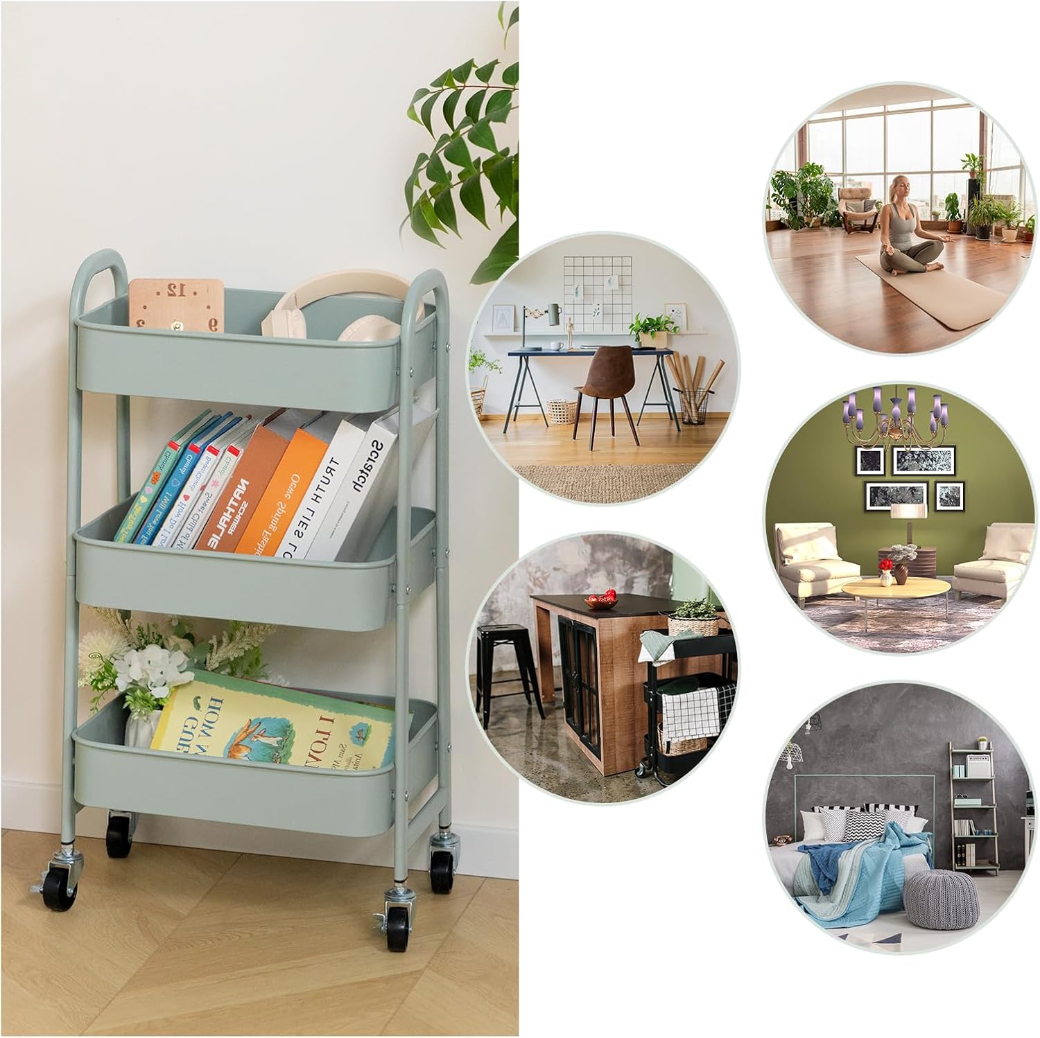 DOEWORKS - Chariot de rangement 3 niveaux à roulettes, métal, cyan, idéal cuisine/bureau/salle de bain