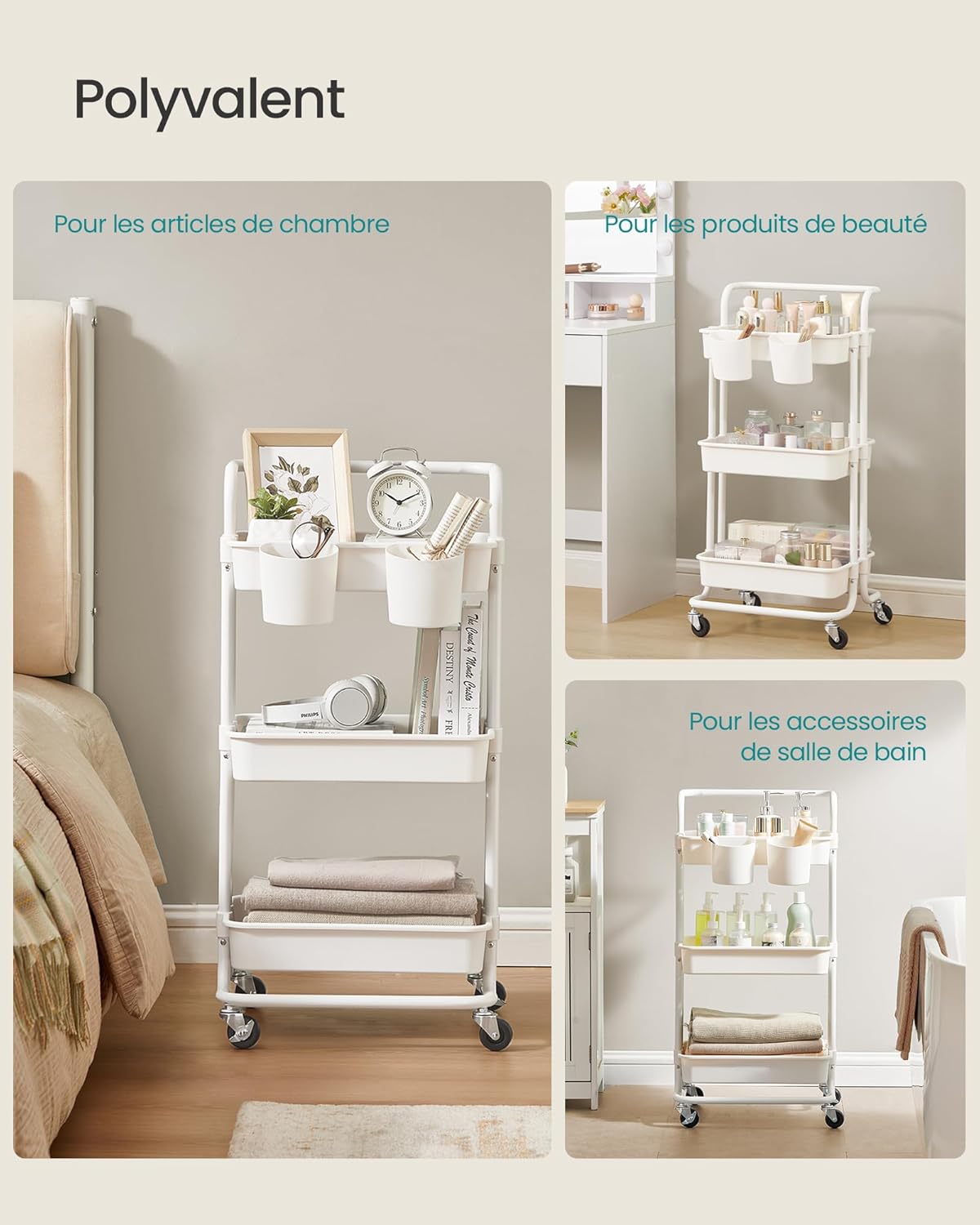 SONGMICS - chariot de rangement 3 niveaux, roulettes, freins, poignée, 2 pots, plastique, blanc - BSC067W01